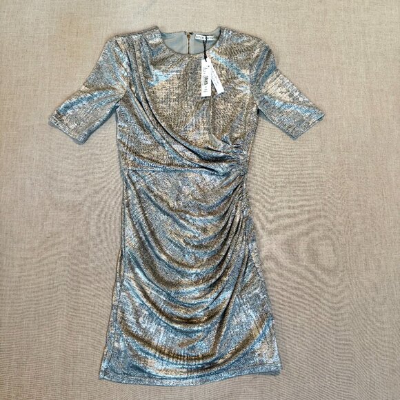 Alice + Olivia Silver Metallic Delora Ruched Mini Dress NWT Holiday Party - Picture 5 of 14